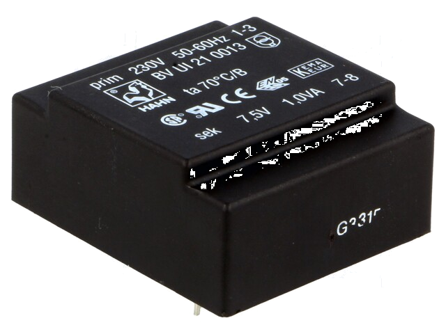 Transformator: ingegoten; 1VA; 230VAC; 7,5V; 133mA; PCB; BVUI Transformator: ingegoten; 1VA; 230VAC; 7,5V; 133mA; PCB; BVUI
